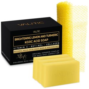 VALITIC Brightening Lemon and Turmeric Kojic Acid Soap – Vitamin C, Retinol – Original Japanese Complex with Hyaluronic Acid, Vitamin E, Shea Butter, Castile Olive Oil – 3 Pack and African Net Sponge