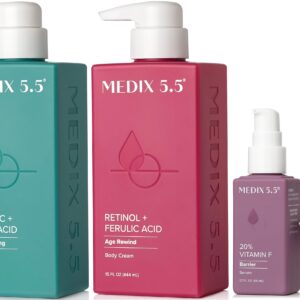 Medix 5.5 Anti Aging Skin Care 3PC Set, Retinol Body Cream + Exfoliating AHA Glycolic Acid Foaming Face & Body Wash + Vitamin F Booster Serum, Wash + Treat + Hydrate Skincare Set