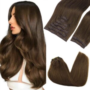 GOO GOO Clip in Hair Extensions Real Human Hair, Remy Human Hair Extensions Clip ins for Women, Natural Human Hair, 14inch 150g 9Pcs, 4A Chocolate Brown