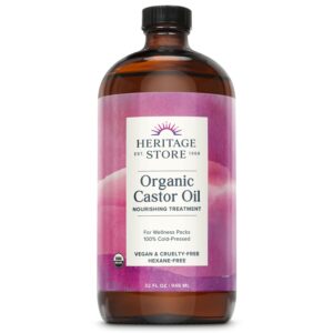 HERITAGE STORE Organic Castor Oil – Glass Bottle – Nourishing Treatment for Hair and Skin – Eyelash Serum for Eyelashes, Brows, Castor Oil Packs – Cold Pressed, Hexane Free, Vegan 32oz
