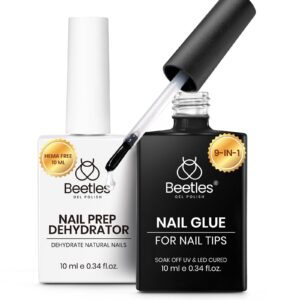 Beetles 9 In 1 Gel Nail Glue Nail Dehydrator Kit for Acrylic Nails Acid Free & Hema-Free Professional Dehydrator Prep for U V Gel Polish Long Lasting Led Lamp Required