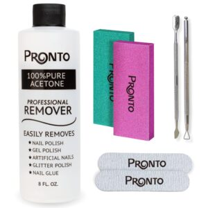 Pronto Acetone Nail Polish Remover 8 Fl Oz with Manicure Kit – Includes Nail File, Buffer, Pusher, Scraper – Pure Acetone 100 Percent – Quick & Professional Gel Acrylic Nail Remover Kit