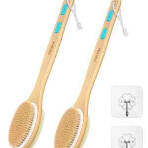 Metene 2 Pack Shower Brush with Soft and Stiff Bristles, Bath Dual-Sided Long Handle Back Scrubber Body Exfoliator for Wet or Dry Brushing
