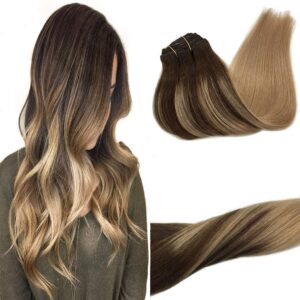 GOO GOO Clip in Hair Extensions Real Human Hair, Remy Human Hair Extensions Clip ins for Women, Natural Human Hair, 14inch 120g 7Pcs, 4/18 Balayage Chocolate Brown Highlighted Dirty Blonde