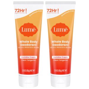 Lume Whole Body Deodorant – Invisible Cream Tube – 72 Hour Odor Control – Aluminum Free, Baking Soda Free, Skin Safe – 3.0 ounce (Pack of 2) (Clean Tangerine)