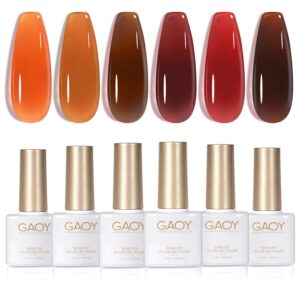 GAOY Jelly Brown Gel Nail Polish Set, 6 Transparent Colors Dark Red Orange Pumpkin Soak Off UV Light Cure Gel Polish Kit for Salon and Nail Art DIY at Home