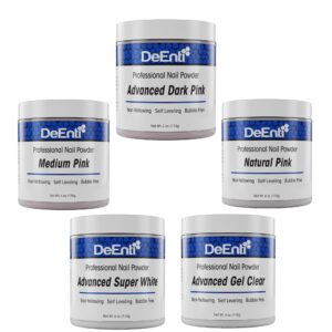 DeEnti Acrylic Nail Powder Set of 5 Powders> 4oz Each – Medium Pink> Dark Pink> Natural Pink> Bright White> Crystal Clear