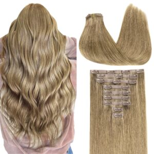 GOO GOO Clip in Hair Extensions Real Human Hair, Remy Human Hair Extensions Clip ins for Women, Natural Human Hair, 14inch 130g 9Pcs, 7 Bronde