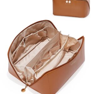 EACHY Travel Makeup Bag, Large Capacity Cosmetic Bags for Women, Waterproof Portable Open Flat Toiletry Bag Make up Bag with Divider and Handle, Gifts for Women (Brown, Large)