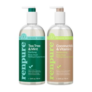 RENPURE LLC Tea Tree Mint Oil & Coconut Vitamin E, Sulfate Free Moisturizing Body Wash For Dry Sensitive Skin, Antibacterial Body & Hand Soap For Men Women Kids & Toddlers, White, 24 Oz
