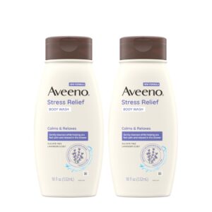 Aveeno Stress Relief Body Wash with Soothing Oat & Lavender Scent for Sensitive Skin, Moisturizing Shower Wash Gently Cleanses & Helps You Feel Calm, Sulfate-Free, 18 fl. oz, 2 Pack