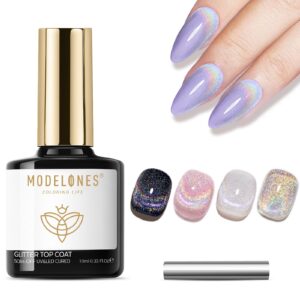 modelones Rainbow Cat Eye Gel Nail Polish Top Coat, 2-in-one 9D Glitter Clear Gel Polish with Magnet Stick Holographic Glossy Finish Long Lasting Soak Off Manicure Home Salon Nail Art 10 ML