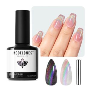 modelones Cat Eye Gel Nail Polish, 15 ML Rainbow Glitter Holographic Cat Eye Gel Polish with Magnet Stick Soak Off U V Nail Lamp Spring Gel Nail Polish Summer Nail Art Manicure Salon DIY Home