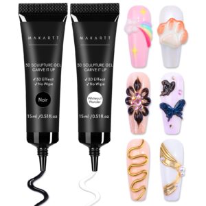 Makartt 3D Nail Gel Kit for Nail Art, White and Black Sculpting Candy Molding Gel No Wipe Craving Embossed Gel Polish Set for Decoration Manicure Charm Designs (Whiteout Wonder & Noir)