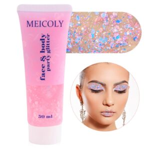 MEICOLY Chameleon Baby Pink Body Glitter,Pink Turn to Purple Face Glitter Paint,Color Changing Mermaid Face Glitter Gel for Halloween,Chunky Glitter for Face Body Hair,Festival Party Glitter Makeup