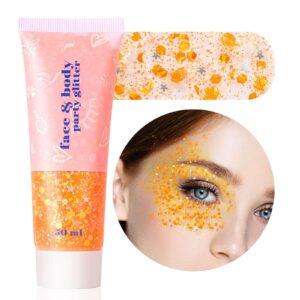 MEICOLY Orange Face Body Glitter,Sparkling Face Glitter Gel,Mermaid Sequins Face Paint Glitter Autumn Makeup,Eye Hair Chunky Festival Rave Accessories Makeup,Party Body Glitter Gel for Women Kids,50ml