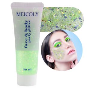 MEICOLY Chameleon Lime Green Body Glitter,Chunky Face Glitter for Halloween,Color Changing Mermaid Face Glitter Gel,Holographic Glitter Sequin for Face Body Hair,Festival Party Cheer Glitter Makeup