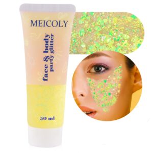 MEICOLY Chameleon Yellow Body Glitter,Chunky Face Glitter for Halloween,Color Changing Mermaid Glitter Face Paint,Holographic Glitter Sequin for Face Body Hair,Festival Party Cheer Glitter Makeup,50ml