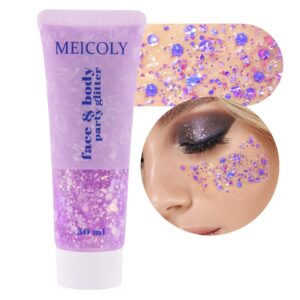 MEICOLY Chameleon Light Purple Body Glitter,Chunky Face Glitter for Halloween,Color Changing Mermaid Face Glitter Gel,Holographic Glitter Sequins for Face Body Hair,Festival Party Cheer Glitter Makeup
