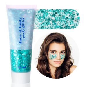 MEICOLY Teal Body Glitter, Mermaid Face Glitter Gel for Halloween, Paint, Dazzle Green Chunky Glitter for Body Eye Lip Hair, Sparkling Holographic Gel Makeup for Women and Kids