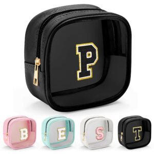 YOOLIFE Initial Makeup Bag Travel Toiletry Bag, Clear Makeup Bag Car Accessories For Women Clear Makeup Bags With Zipper Girlfriend Teacher 13 Year Old Girl Gifts Daughter Girl Gifts Mini Black P
