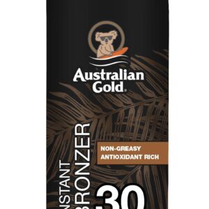 Australian Gold Continuous Spray Sunscreen with Instant Bronzer SPF 30, Immediate Glow & Dries Fast Water Resistant NonGreasy Oxybenzone Free Cruelty Free, Bronzer New, Orange, 6 Oz