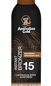 Australian Gold Continuous Spray Sunscreen with Instant Bronzer SPF 15, Immediate Glow & Dries Fast, Broad Spectrum, Water Resistant, Non-Greasy, Oxybenzone Free, Cruelty Free, 6 Ounce