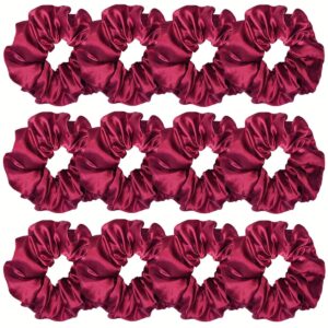12 Pcs Satin Silk Scrunchies Soft Hair Ties Fashion Hair Bands Bow Ropes Elastic Bracelet Ponytail Holders for Women and Girls (4.5 Inch, Wine Red)
