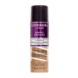 CoverGirl & Olay Simply Ageless 3-in-1 Liquid Foundation, Matte Finish, Hyaluronic & Vitamin C Formula, Cruelty Free, Toasted Almond, 1 Count