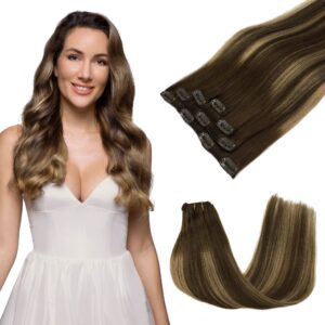 GOO GOO Clip in Hair Extensions Real Human Hair, Remy Human Hair Extensions Clip ins for Women, Natural Human Hair, 18inch 70g 4Pcs, 4/27/4 Balayage Chocolate Brown to Caramel Blonde