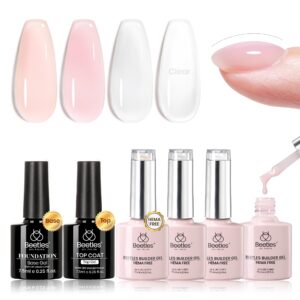 Beetles Hema Free Builder Gel Nail Kit, 4 Color 7 in 1 Builder Nail Gel with Top and Base Coat for Thickening Nude Pink Jelly White Colors Transparent Extension Nails Beauty Gift Sets for Women