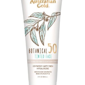 Australian Gold Botanical SPF 50 Tinted Face Sunscreen, Non-Chemical BB Cream, Water-Resistant, Matte Finish, Sensitive Skin, 3 FL Oz