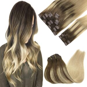 GOO GOO Clip in Hair Extensions Real Human Hair, Remy Human Hair Extensions Clip ins for Women, Natural Human Hair, 14inch 150g 9Pcs, 4/18 Balayage Chocolate Brown Highlighted Dirty Blonde