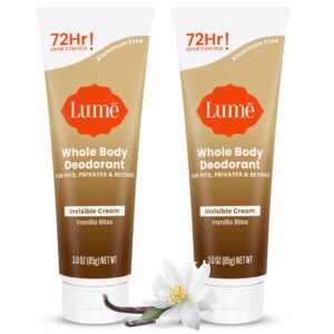 Lume Whole Body Deodorant – Invisible Cream Tube – 72 Hour Odor Control – Doctor Developed – Aluminum Free, Baking Soda Free and Skin Loving – 3.0 Ounce (Pack of 2) (Vanilla Bliss)