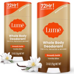 Lume Whole Body Deodorant – Smooth Solid Stick – 72 Hour Odor Control – Doctor Developed – Aluminum Free, Baking Soda Free and Skin Loving – 2.6 Ounce (Pack of 2) (Vanilla Bliss)