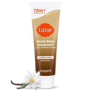 Lume Whole Body Deodorant – Invisible Cream Tube – 72 Hour Odor Control – Doctor Developed – Aluminum Free, Baking Soda Free and Skin Loving – 3.0 Ounce (Vanilla Bliss)