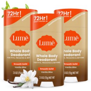 Lume Whole Body Deodorant – Smooth Solid Stick – 72 Hour Odor Control – Doctor Developed – Aluminum Free, Baking Soda Free and Skin Loving – 2.6 Ounce (Pack of 3) (Vanilla Bliss)