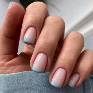 Modelones Blue French Tip Press On Nails, Spring Summer Short Square Fake Nails, Easter Reusable Nail Kit with Nail Glue Adhesive Tabs Mini Nail File, Nails Press Ons 32Pcs 16 Sizes