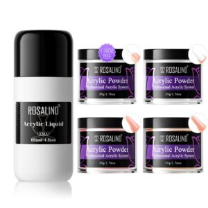 ROSALIND Acrylic Powder Set> 4 * 1.76oz Clear Nude Acrylic Nail Powder White Pink Acrylic Powder with Acrylic Liquid Professional Crystal Polymer Nude Nail Powder Acrylic Nail Colors Set for Nail