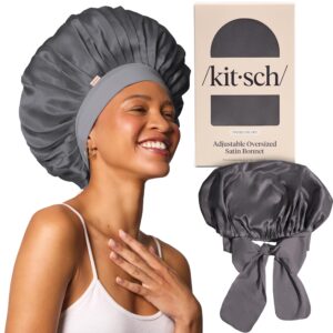 Kitsch XL Satin Bonnet for Sleeping – Softer Than Silk Hair Bonnet For Women – Secure Fit, Adjustable Night Cap For Curly & Textured Hair – Prevents Breakage, Tangles & Thinning – Charcoal