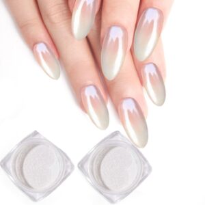 PrettyDiva Pearl Chrome Nail Powder – White Pearl & Clear Pearl Chrome Powder for Nails> High Gloss Pearl Nail Powder Chrome Powder Metallic Pigment for Nails