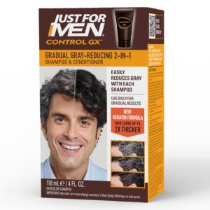 Just For Men Control GX Grey Reducing 2-in-1 Shampoo and Conditioner, Gradual Hair Color with Keratin for Stronger Thicker and Healthier Looking Hair, 4 Fl Oz – Pack of 1 (Packaging May Vary)