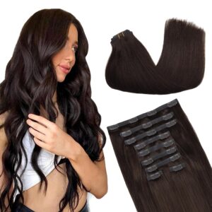 GOO GOO Clip in Hair Extensions Real Human Hair, Remy Human Hair Extensions Clip ins for Women, Natural Human Hair, 14inch 130g 9Pcs, 2A Light Brown