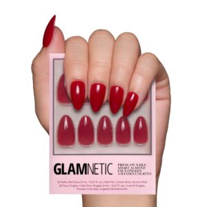 Glamnetic Press On Nails – Classic Red | Opaque Cool Tone, Timeless Red Short Almond Short False Nails, Reusable Stick On Fake Nails with Glue | Salon Quality | 15 Sizes – 30 Nail Kit