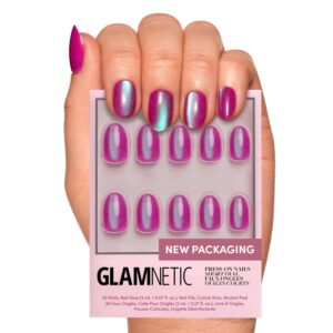 Glamnetic Press On Nails – Berry Fizz | Short Oval, Magenta Nails with a Mesmerizing Metallic Finish | 15 Sizes – 30 Nail Kit with Glue