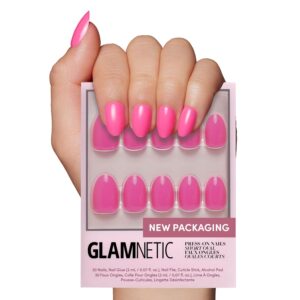 Glamnetic Press On Nails – Hot Pink | Opaque Bright Neon Pink Short Oval Fake Nails, Reusable | 15 Sizes – 30 Nail Kit