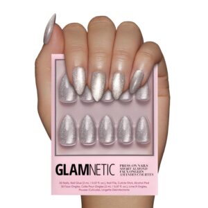 Glamnetic Press On Nails – Oslo | Short Almond Silver Shimmer Nails with a Cat Eye Finish | 15 Sizes – 30 Nail Kit with Glue