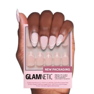 Glamnetic Press On Nails – Heavenly | Semi-Transparent Neutral Nude Trendy French Tip Short Almond Fake Nails, Reusable | 15 Sizes – 30 Nail Kit