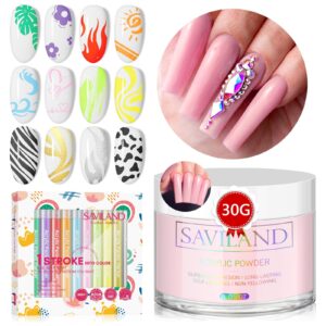 Saviland Acrylic Powder and Acrylic Paint Pen Set – 30g Pink Acrylic Powder for Nails and 12 Colors Nail Polish Pen for Nail Art Design