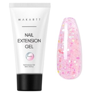 Makartt Poly Nail Gel: 50ML Glitter Pink, Strong Builder for Extension Overlay Strengthener 3D Diy, Multifunctional, Long-lasting for Nails Manicures Home Salon-Rosalia
